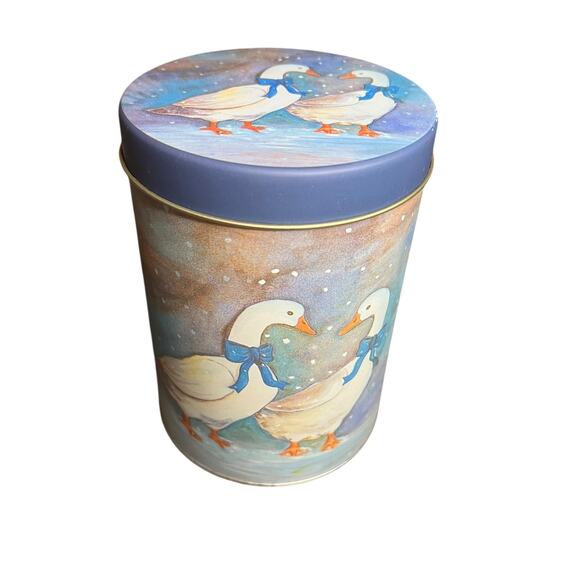 3 Pc Set Tin Nesting Canisters Christmas Winter Goose Ducks Blue Ribbons - Picture 11 of 11